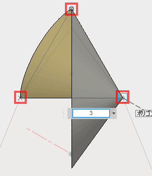 図の3点を頂点とする3角形を描き、スケッチを終了します。 図の3点を頂点とする3角形を描き、スケッチを終了します。