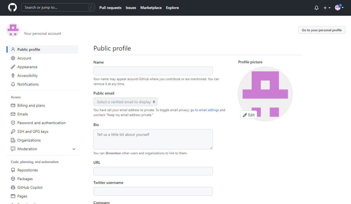 「設定画面で「SSH and GPG Keys」選択」