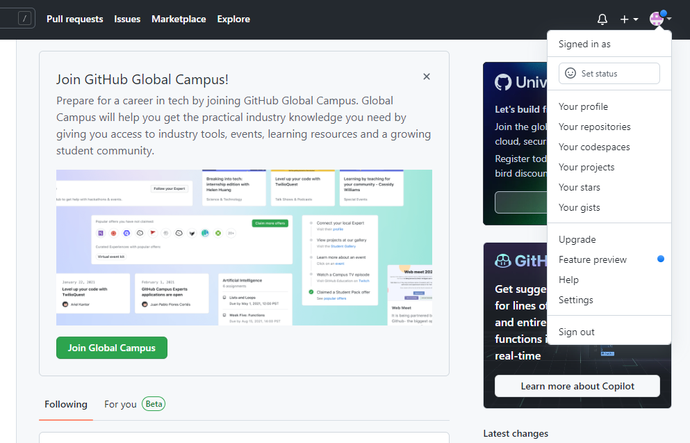 「GitHub初期画面にてSettings選択」