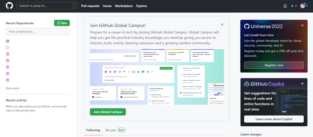 「GitHub初期画面」