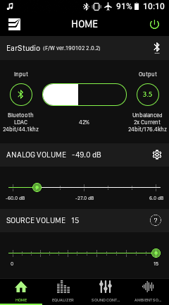 Jelly ProとES100の接続をEarStudioアプリで確認。LDACで、再生時の転送データは24bit/44.1kHz。