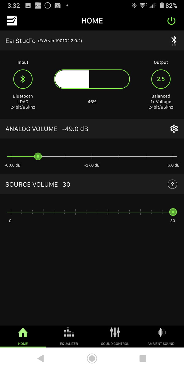 Xperia XZ3とES100の接続をEarStudioアプリで確認。LDACで、再生時の転送データは24bit/96kHz。