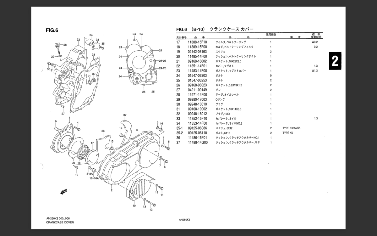 スカイウェイブ250(CJ43A)のクランクケース周りのパーツリスト
