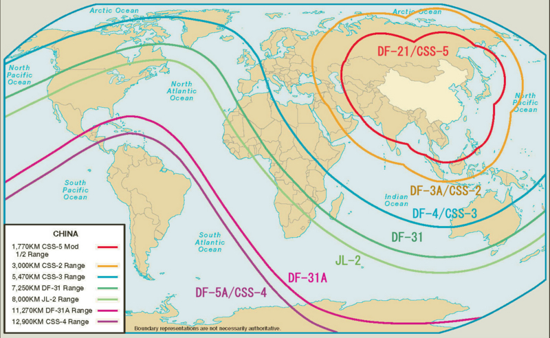 中国　戦略ミサイルの射程範囲