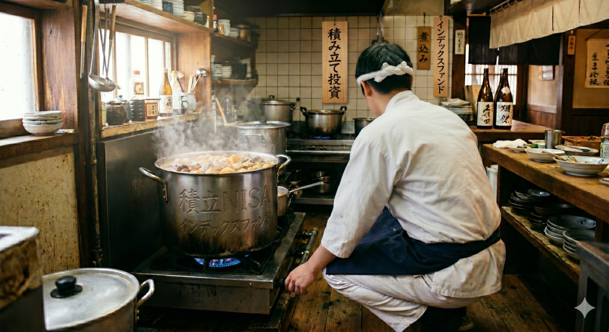 新NISAでのインデックス長期投資をじっくり時間をかける煮込み料理に例え、厨房で大きな鍋の火加減を見守る板前の様子