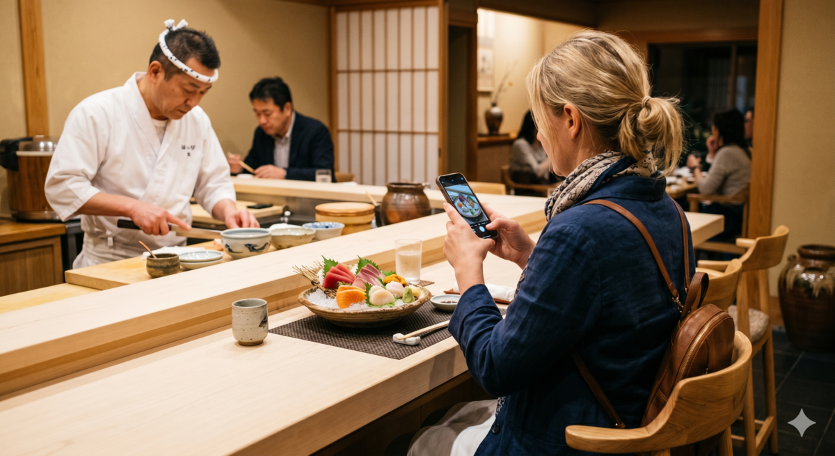 清潔感のある割烹の白木のカウンター。美しい刺身の盛り合わせを外国人観光客がスマートフォンで撮影している後ろ姿の風景。飲食店にとって戦略的なインバウンド需要の取り込みが重要であることを象徴している。