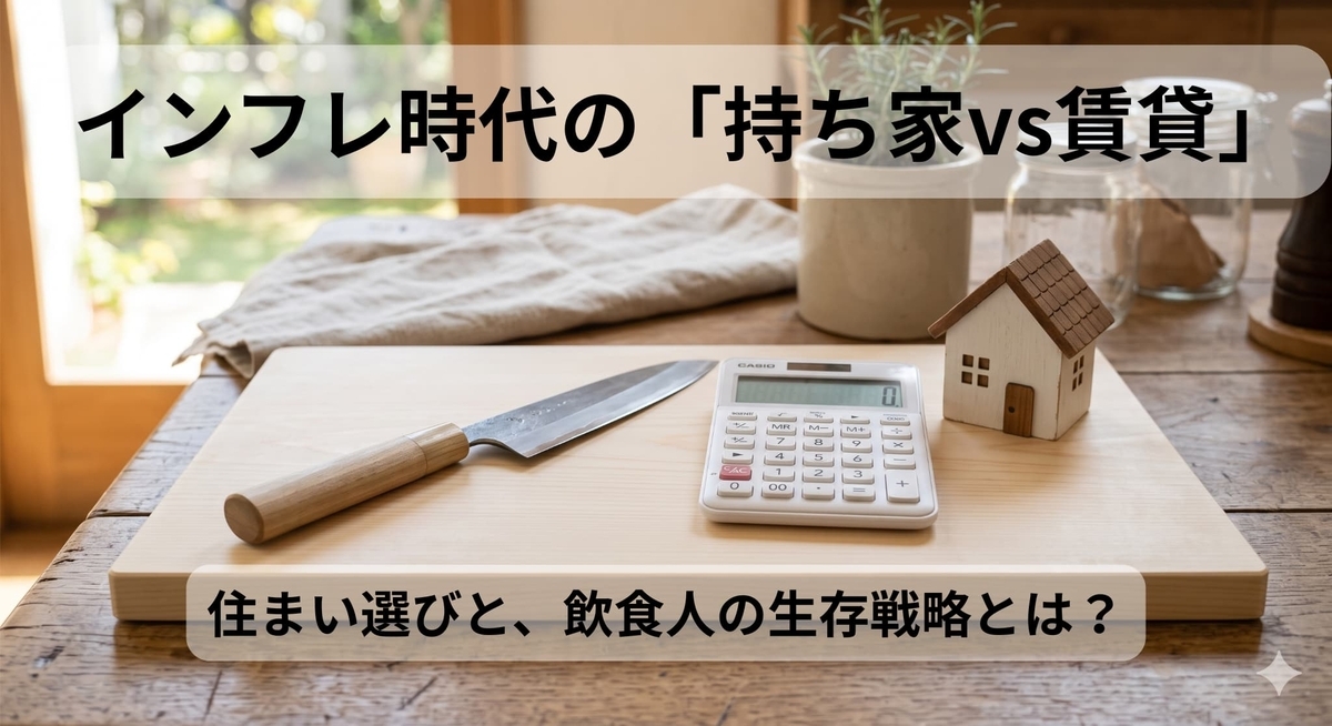 まな板の上に置かれた和包丁と電卓、家の模型と、建築費・金利上昇を示すグラフ。「インフレ時代の『持ち家vs賃貸』住まい選びと、飲食人生存戦略とは？」という文字が書かれたアイキャッチ画像