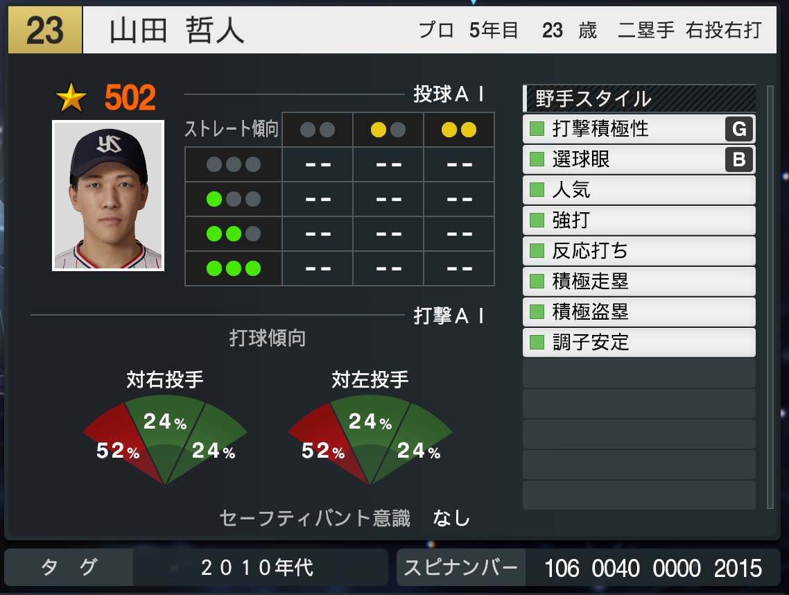 プロスピ2024 山田哲人 (2015年ver) 再現選手 スピナンバー・画像