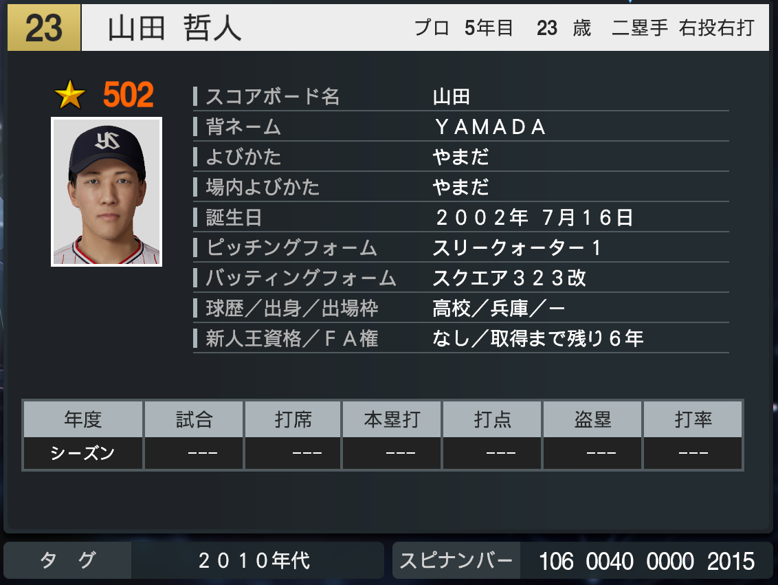 プロスピ2024 山田哲人 (2015年ver) 再現選手 スピナンバー・画像