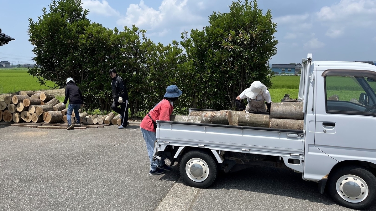 薪用原木　玉切り　軽トラ1台　長野県　引取り限定　8月のみ ケヤキ原木回収6日目】軽トラ満載の積み方のコツ！兄弟作業で玉切り