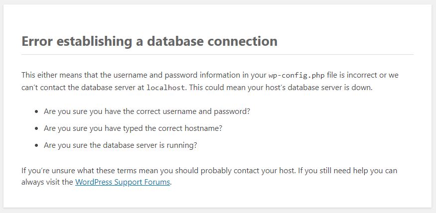 DB情報の設定ミスで表示される画面