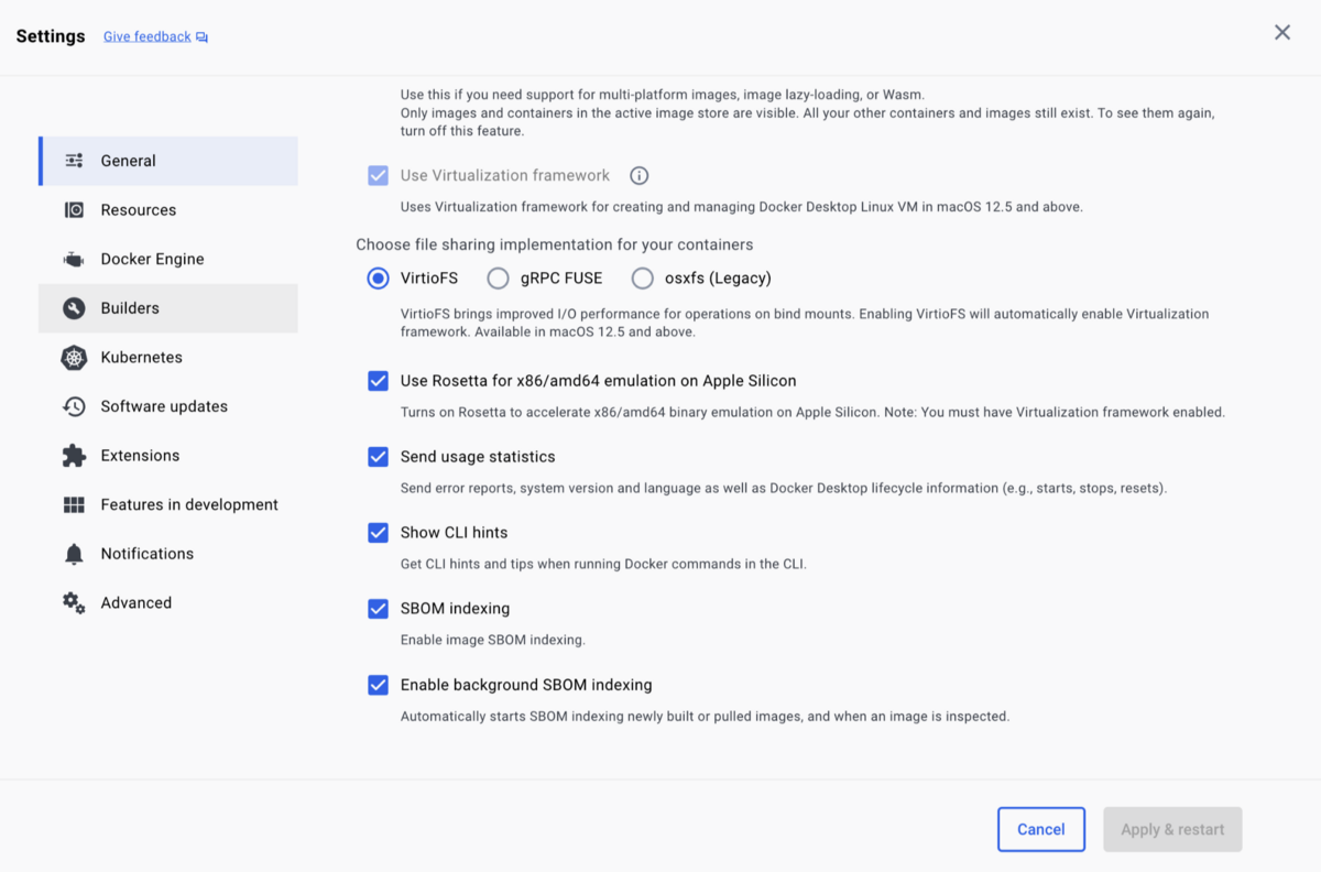 SettingsのGeneralタブで、Use Rosetta for x86/amd64 emulation on Apple Siliconにチェックがついています