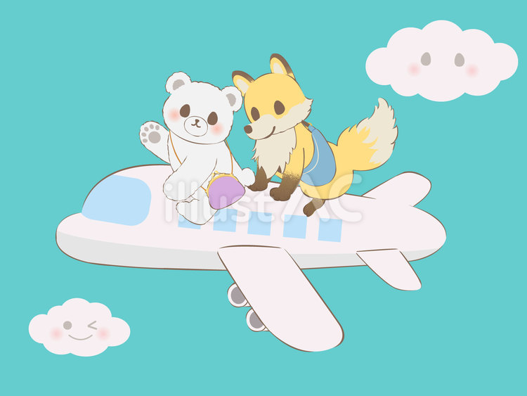 飛行機に乗った白熊と狐のイラスト