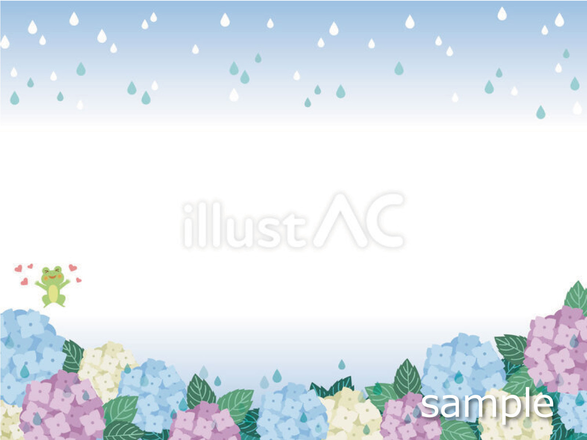 紫陽花と雨とカエルのかわいいフレームイラスト素材