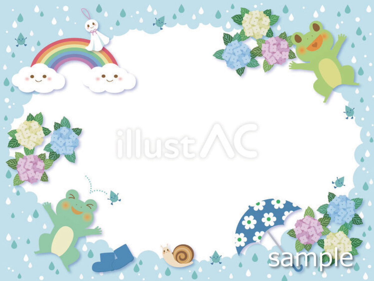 紫陽花と雨と元気なカエルがかわいいフレームイラスト素材