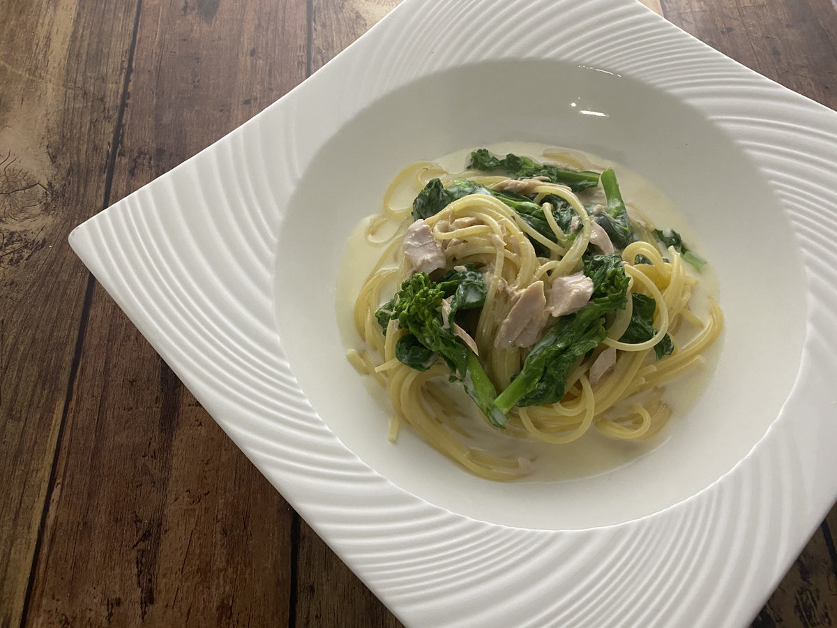 菜の花とツナのクリームパスタ 週末シェフの家呑みレシピ