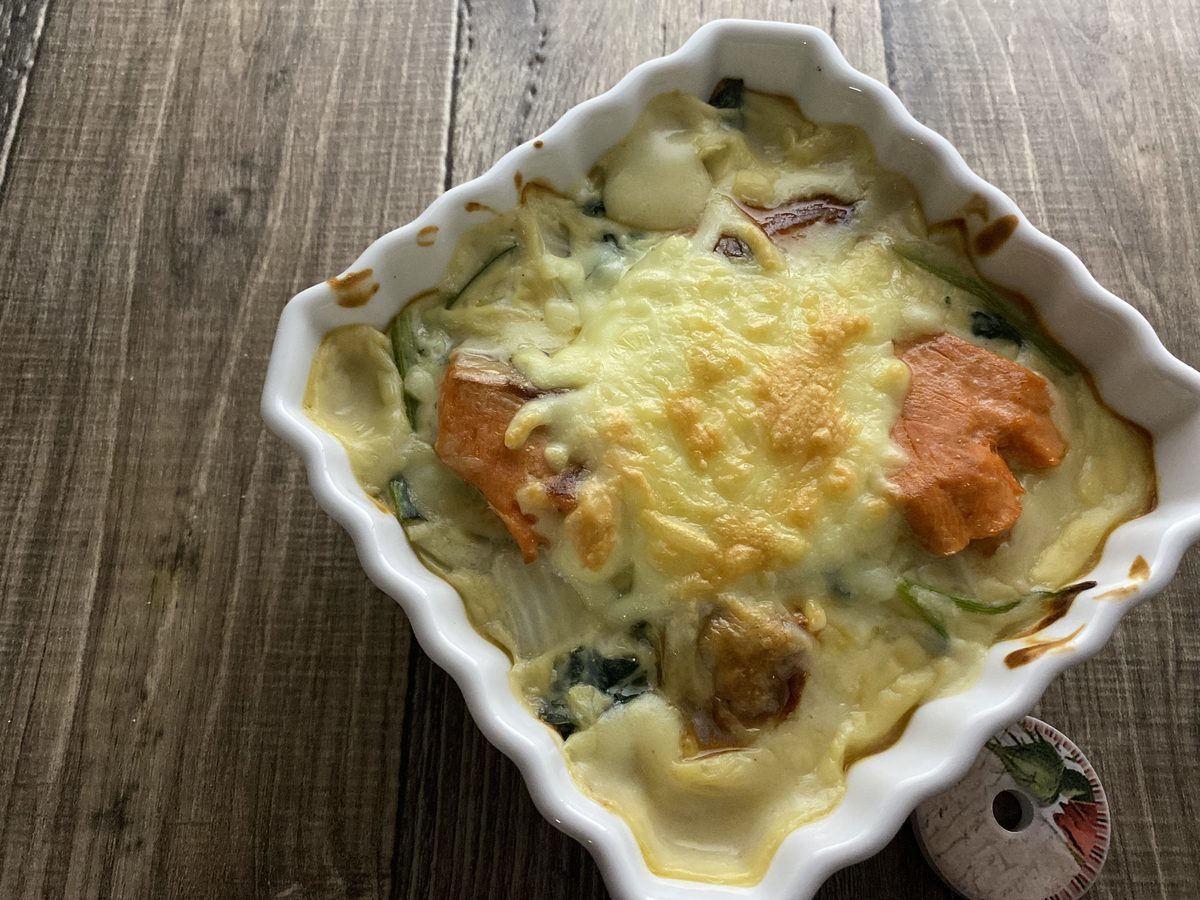 鮭とほうれん草の豆乳グラタン