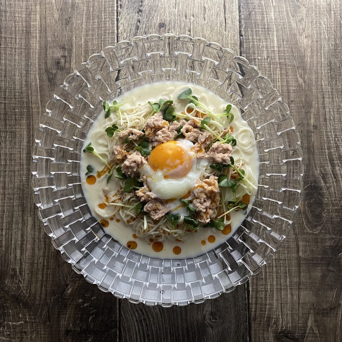 ツナと貝割れの豆乳そうめん