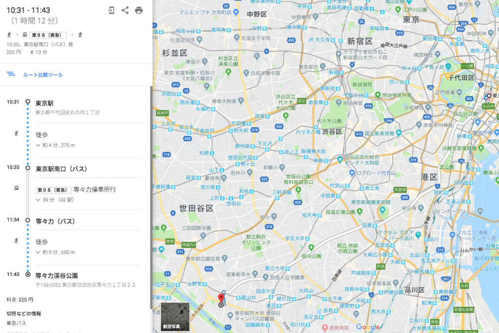 二子玉川駅発・調布駅行バス路線図--二子玉川と地図