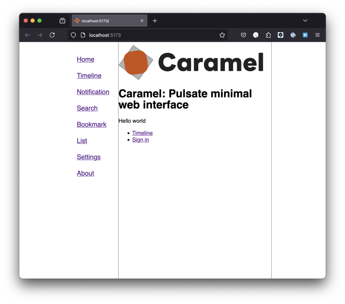 Pulsateのフロントエンド、Caramelのトップページ。