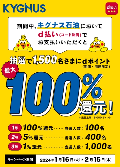 キグナス石油×d払い 最大100%還元キャンペーン