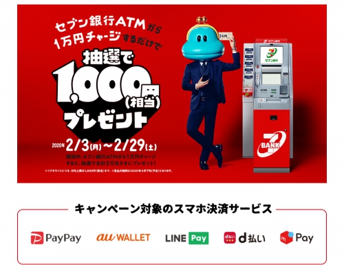 セブン銀行とスマホ決済サービス5社、ATMチャージキャンペーン