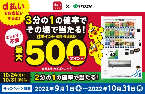伊藤園自動販売機×d払い 3分の1の確率で最大500ポイントが当たる