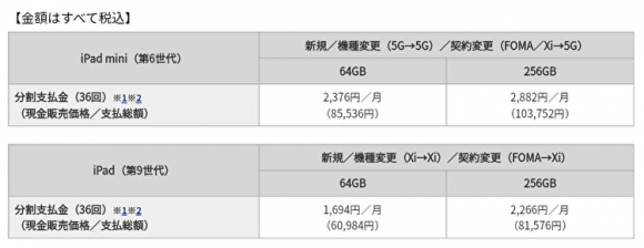 iPad mini(第6世代)とiPad(第9世代)のドコモオンライン価格