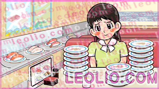 回転寿司でお寿司を食べ過ぎて恥ずかしがるお姉さん＿テレビ番組_イラスト_積皿_SMAP_初めて