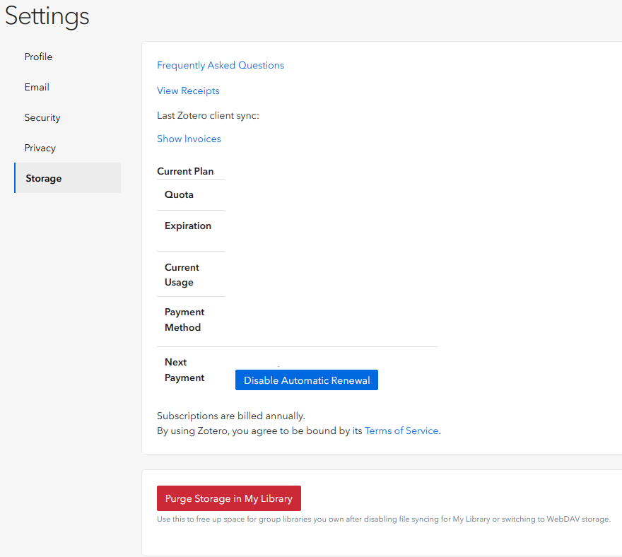 Zotero のウェブサイトにログイン， Settings の Storage, 最下部に Purge Storage in My Library がある