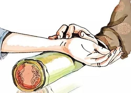中医学の脈診シーン、水墨画風イラストで医師が患者の手首の脈を診ている手元クローズアップ 