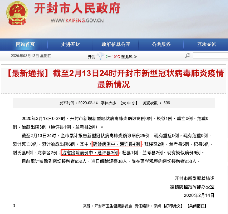 「新型肺炎を漢方薬で完治した」と報道する河南省開封市の政府ホームページ