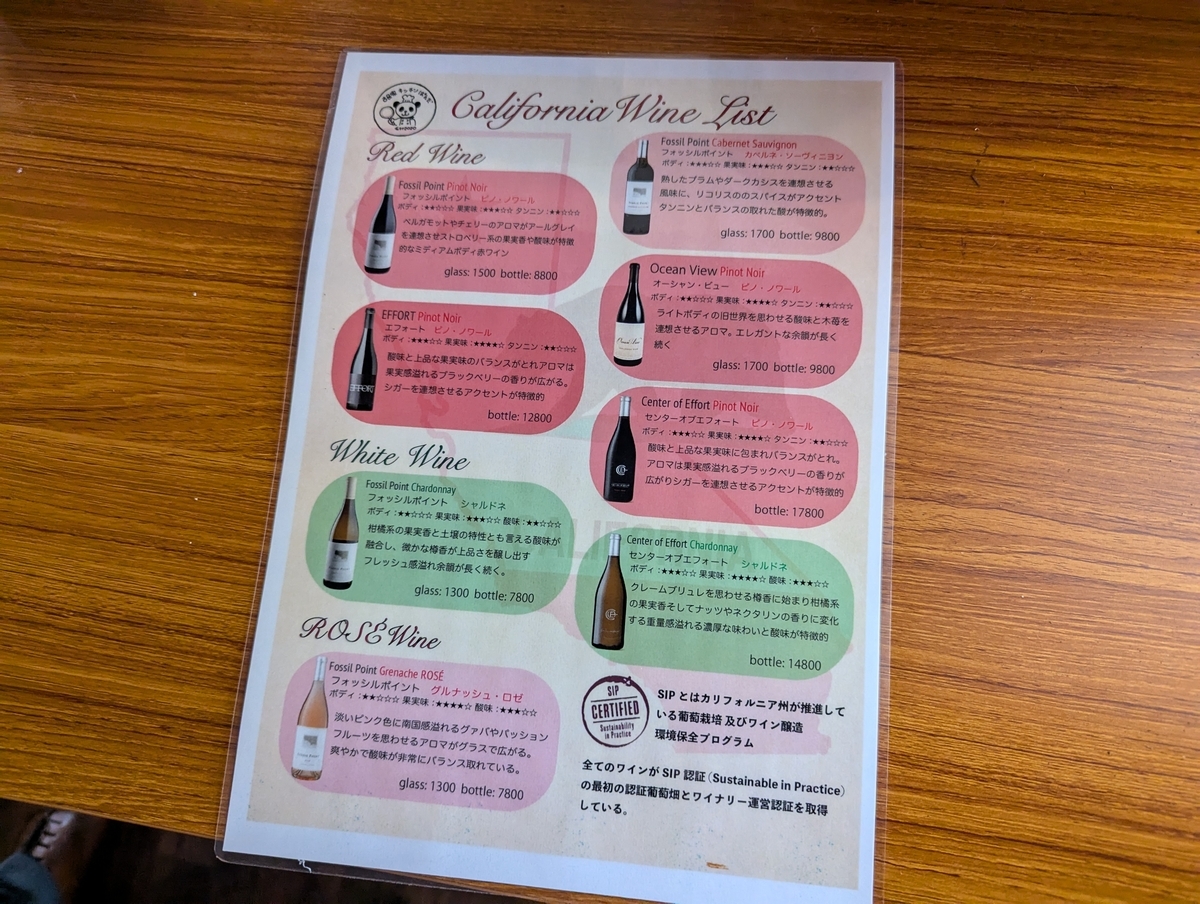 カリフォルニアワインリスト