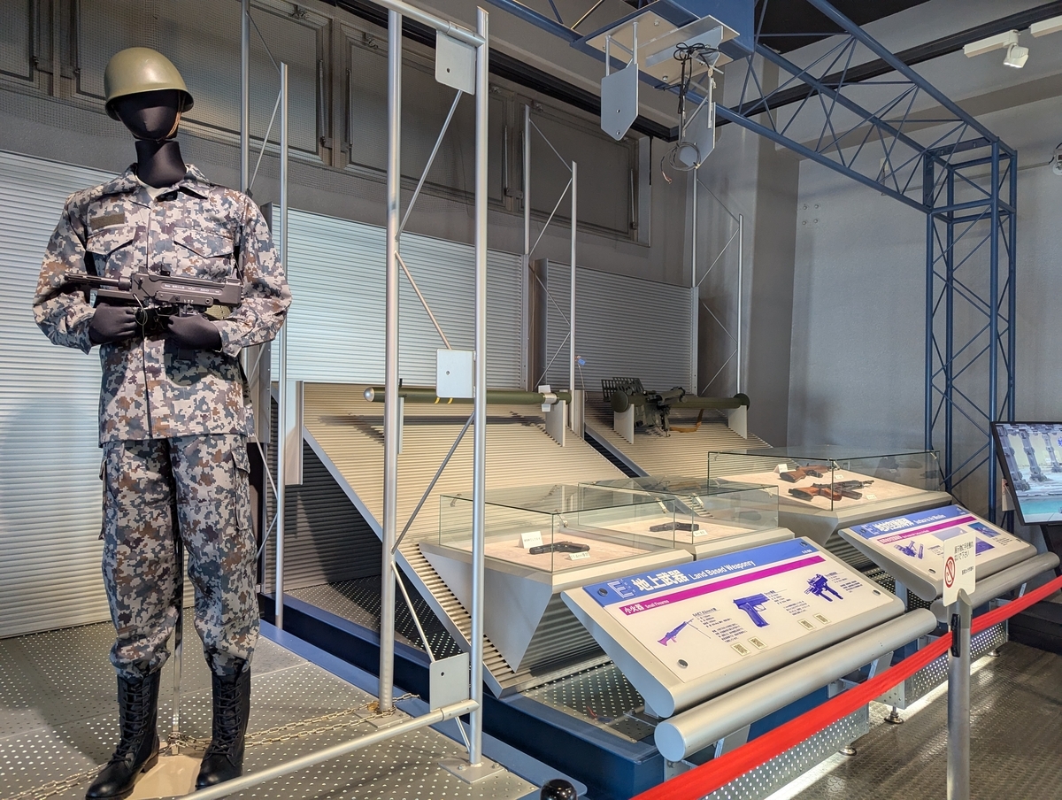 自衛隊の迷彩服を着用したマネキンと、拳銃・小銃・無反動砲などの個人装備火器を展示した陸上装備コーナー