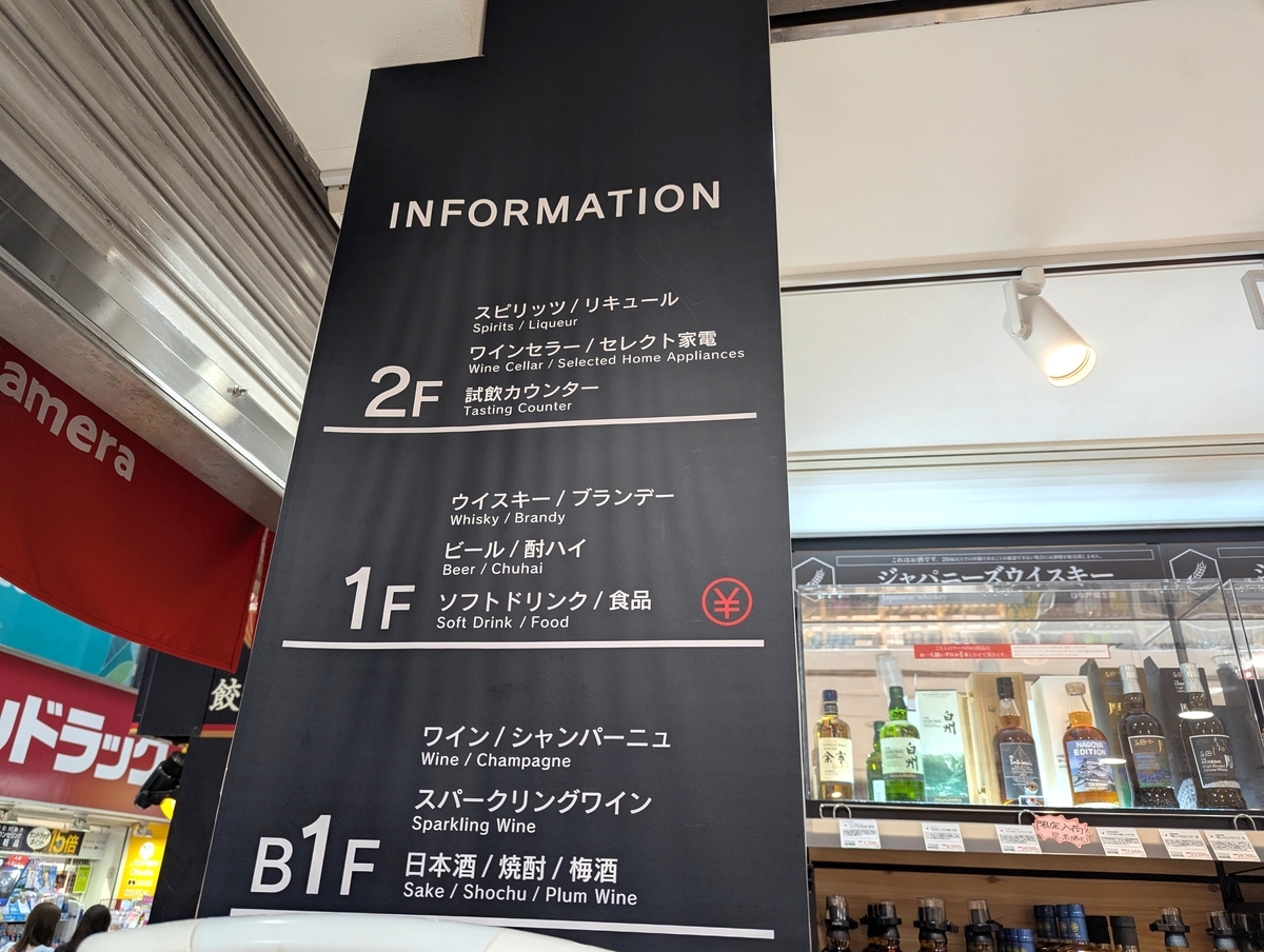 店内に掲示されたフロア案内。地下1階から3階まで、お酒のジャンルごとに分かれた売り場構成で、試飲カウンターやセミナールームも完備。
