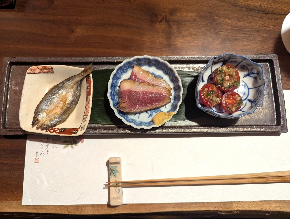 国分寺・翔の八寸：河内鴨のロース煮・天然稚鮎炭火焼き・北海道トマトのマリネ