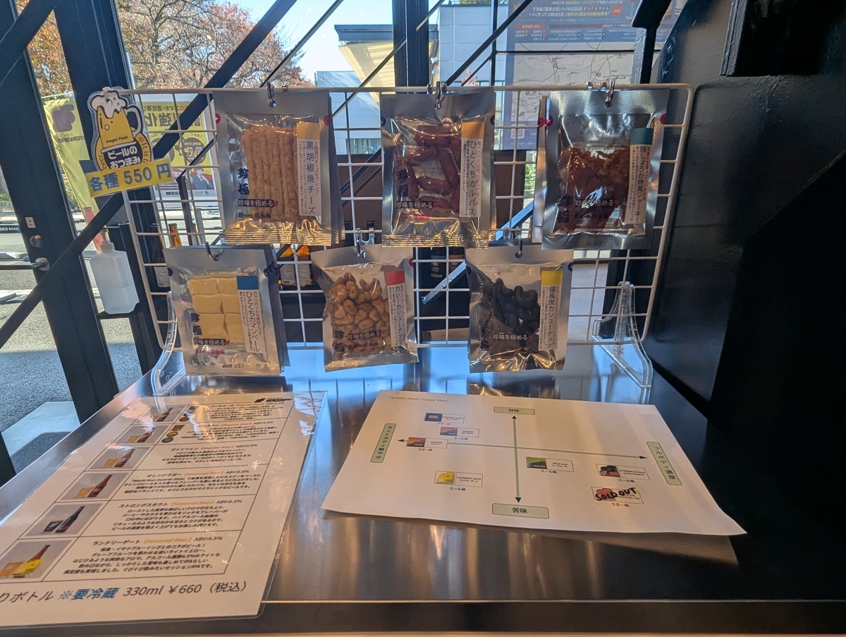 BREWERY TACHIKAWA TACHIHI店内の物販コーナー。伍魚福(ごぎょふく)のおつまみ各種が550円で購入でき、ビールに合うスナックが並んでいる。冷蔵庫からは瓶ビールも購入可能。