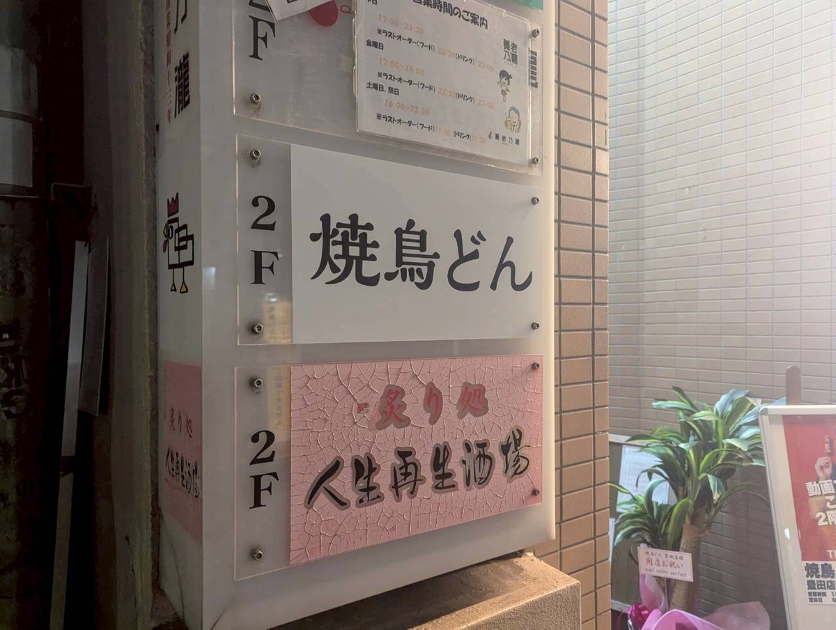 豊田駅近くの焼鳥どん豊田店が入るビルの2階看板。大きな『焼鳥どん』の文字が目印で、初訪問でもわかりやすい店舗案内サイン