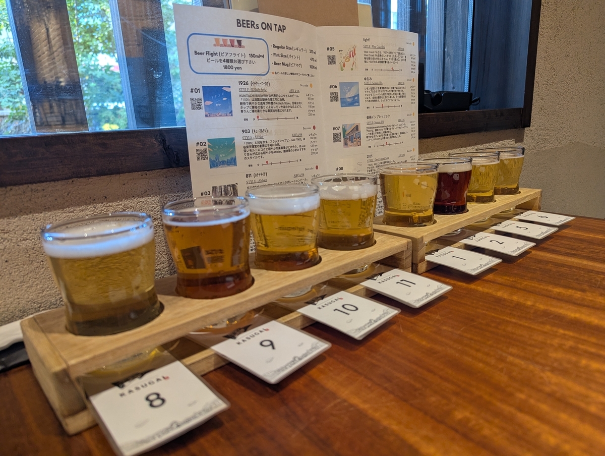 国立のクラフトビール居酒屋「麦酒堂KASUGAI」で提供されるビアフライト。KUNITACHI BREWERYのクラフトビール11種類の中から選び、150mlずつ飲み比べできるセット。