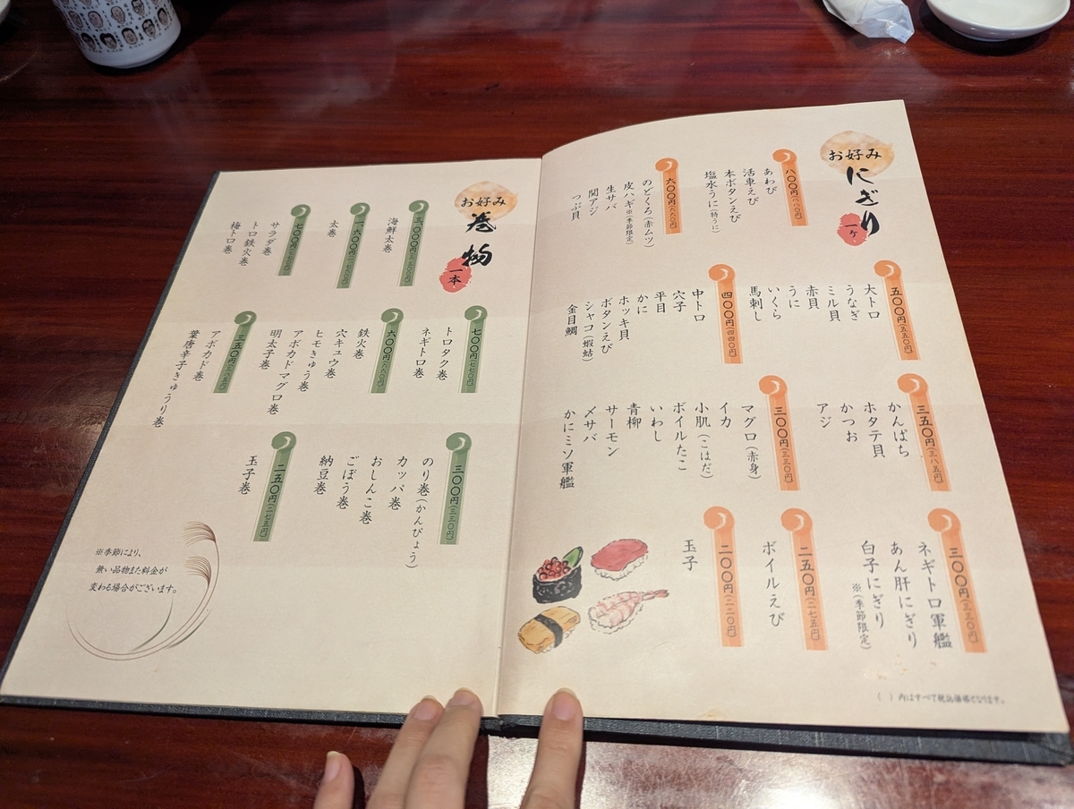 栄寿し総本店のメニュー表。お好みにぎりと巻物の価格が一覧で並んでいる