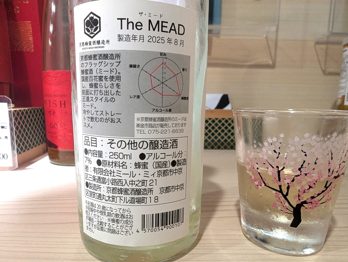 The MEADの裏ラベル。原材料は蜂蜜（国産）のみ、レーダーチャート付き