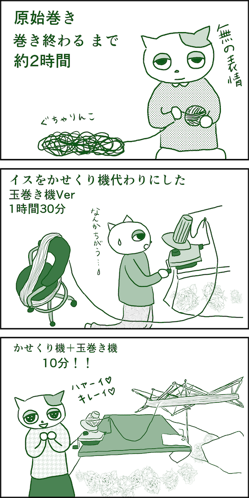 かせくり機導入で玉巻き10分に短縮されました W 不器用ですが編み物楽しんでます 時々縫い物と刺繍も