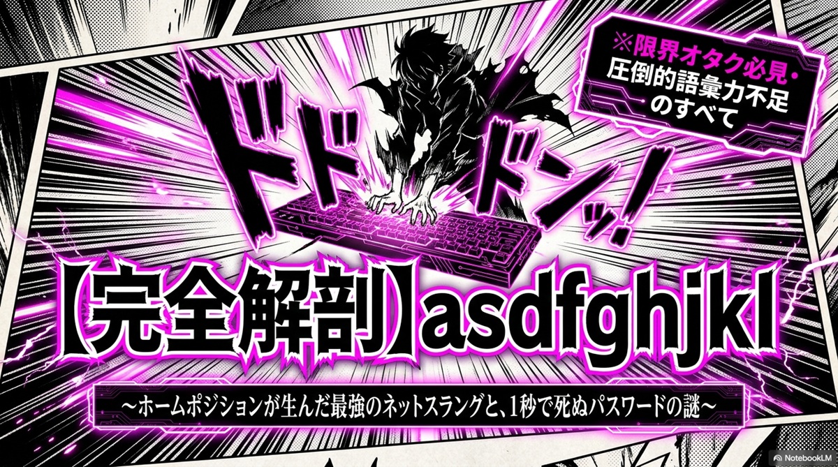 「asdfghjkl」の謎を完全解剖するアイキャッチ画像。キーボードを乱打する人物と、ホームポジションが生んだネットスラング、危険なパスワードというテーマを表現。