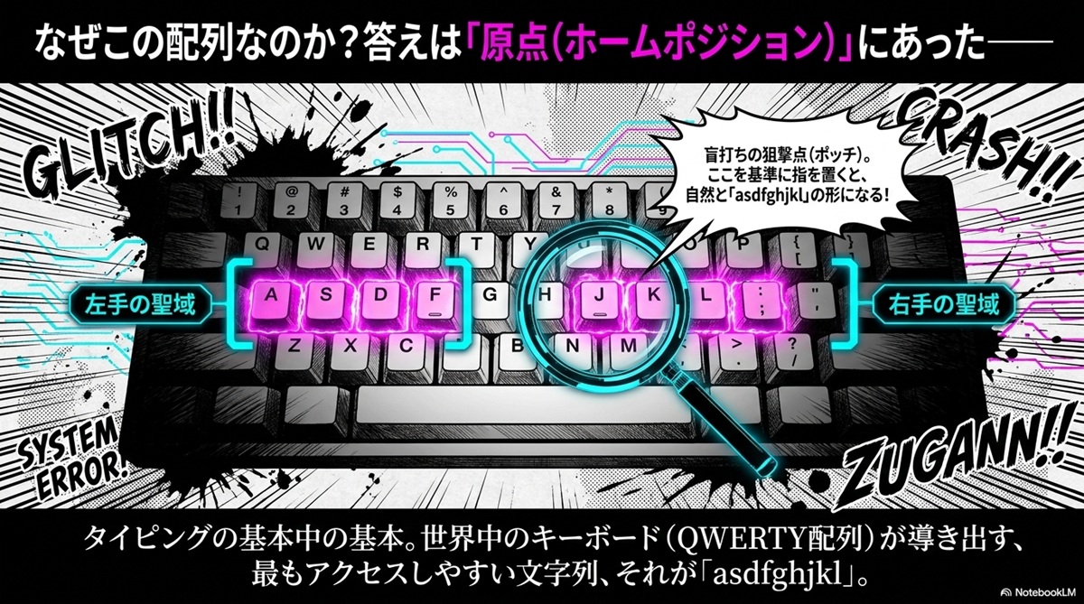 QWERTYキーボード上で、感情が爆発した際に指が自然に「asdfghjkl」という軌道を描いて乱打される仕組みを解説する図解。