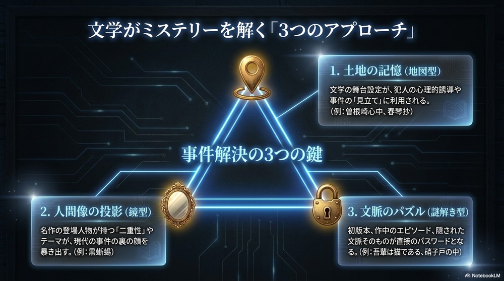 『月夜行路』事件を解く3つの文学アプローチ図解
