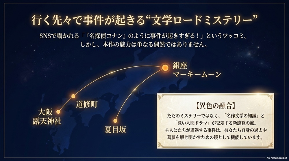 文学ロードミステリーの旅路：銀座・道修町・露天神社・夏目坂の相関図