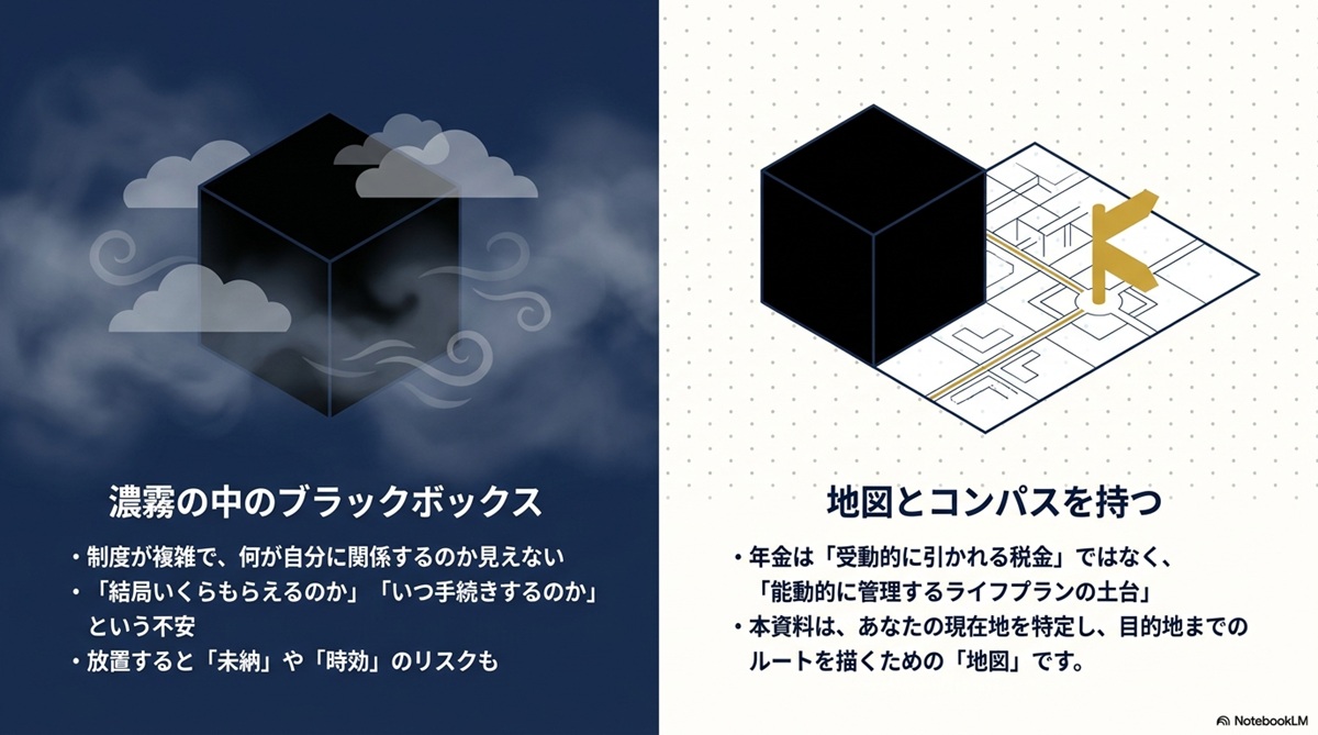 年金の複雑な制度をブラックボックスから能動的に管理する地図とコンパスへ変える概念図