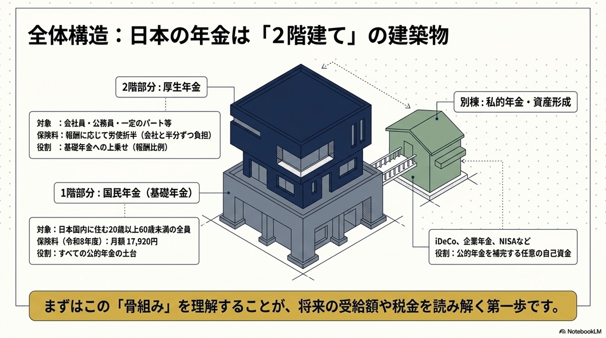 日本の公的年金制度の全体構造を表した国民年金と厚生年金の2階建て建築物のイラスト解説図
