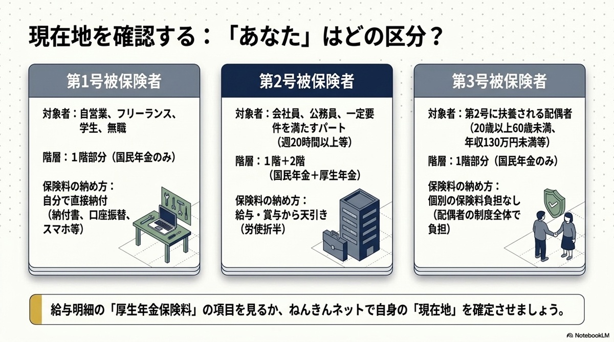 第1号・第2号・第3号被保険者の対象者と保険料の納め方の違いをまとめた現在地確認図