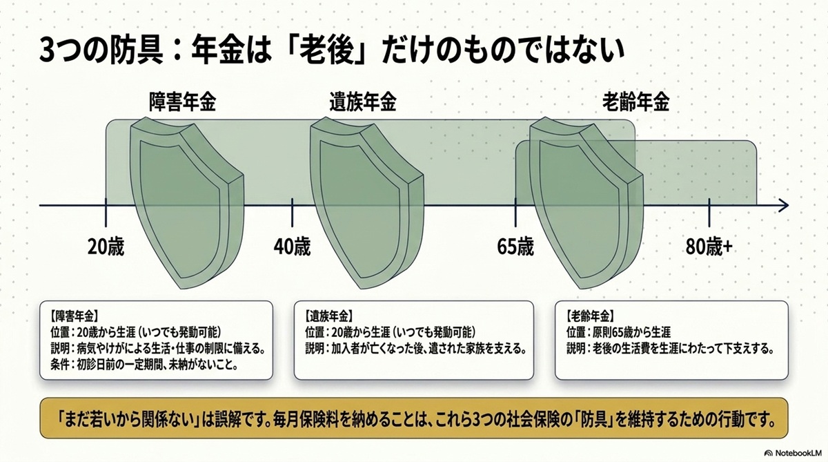 老齢年金・障害年金・遺族年金という人生の3大リスクに備える年金の3つの防具の解説図